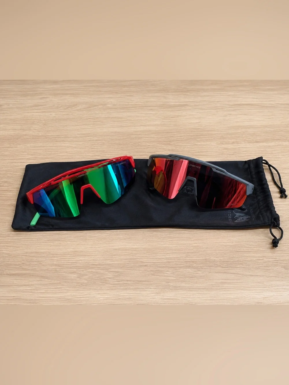 LOSREYES Sports Cycling Sunglasses 2 Pair Bundle Mirrored Shield Red Gray